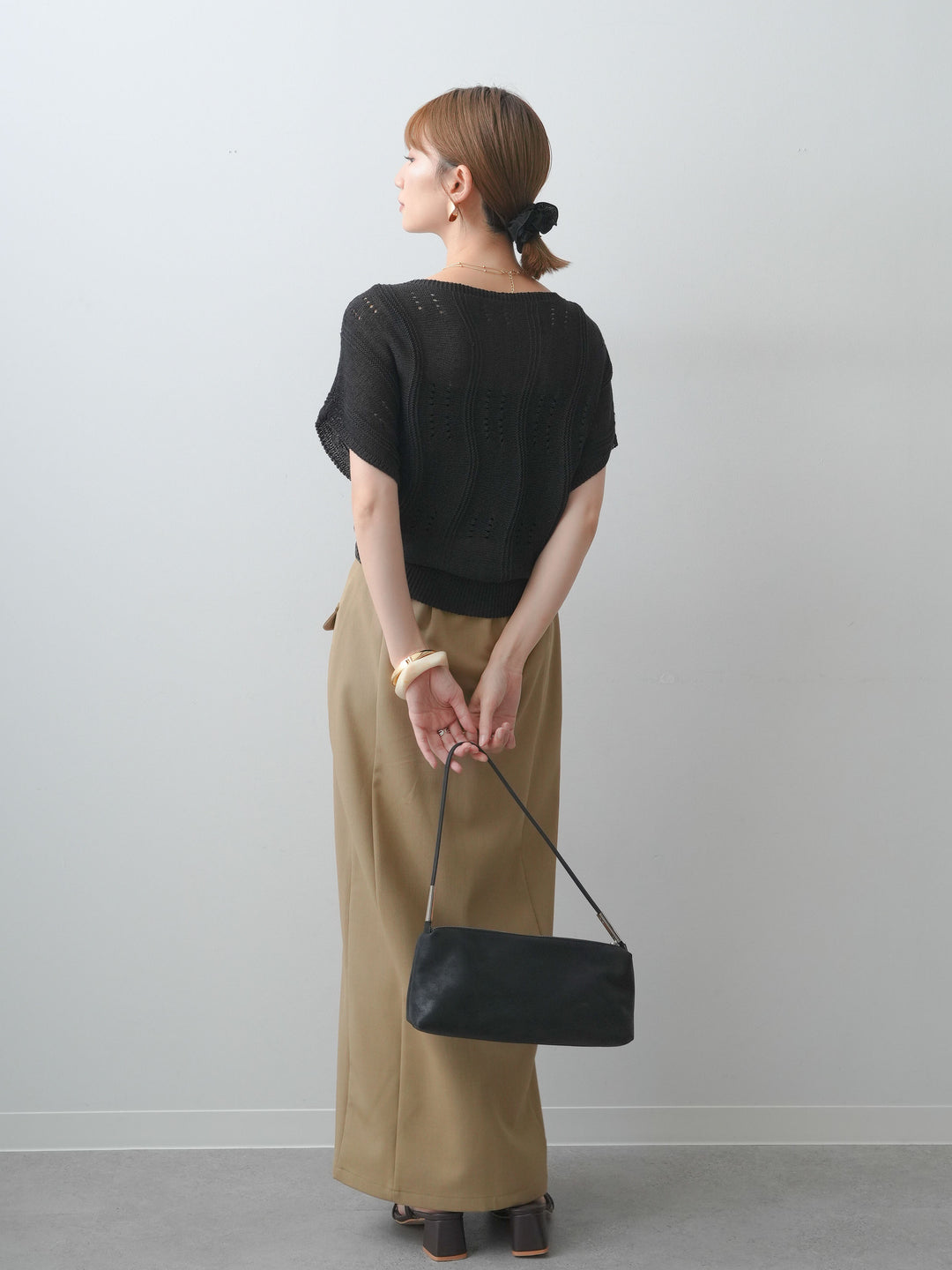 [SET]アイレットサマーニットトップス+クレープデシンフラップ付きストレートスカート(2set)