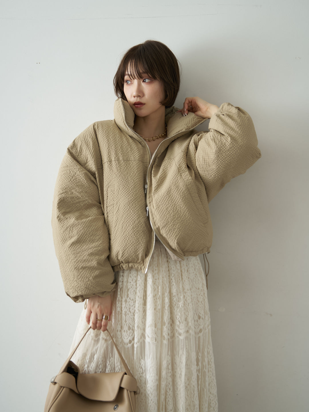 [予約]スタンドカラーショートパフジャケット/beige