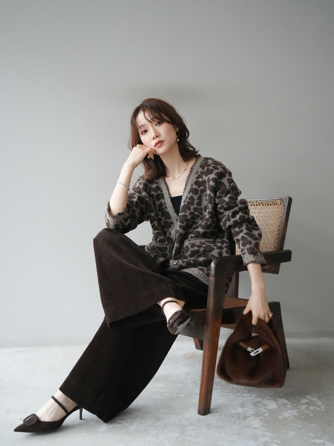 [予約]アニマル柄ステッチニットカーディガン/khaki