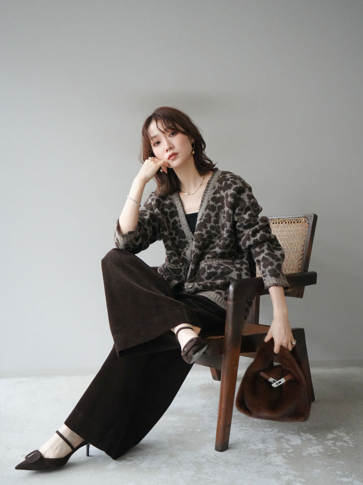 [予約]アニマル柄ステッチニットカーディガン/khaki