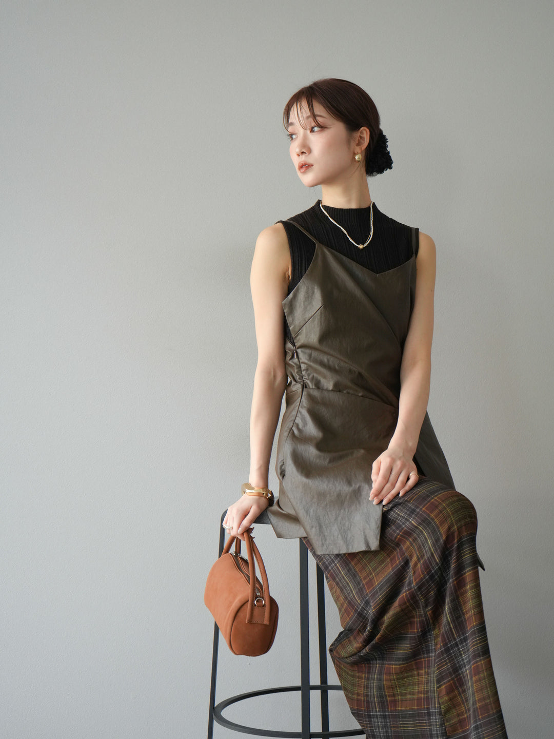 [予約]レイヤードレザーキャミソールチュニック/ブラウン