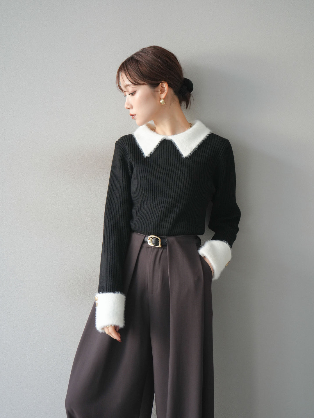 [SET]シャギー襟リブニットトップス+ベルトループデザインワイドパンツ(2set)