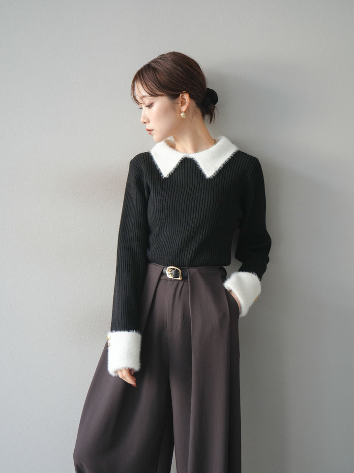 [SET]シャギー襟リブニットトップス+ベルトループデザインワイドパンツ(2set)