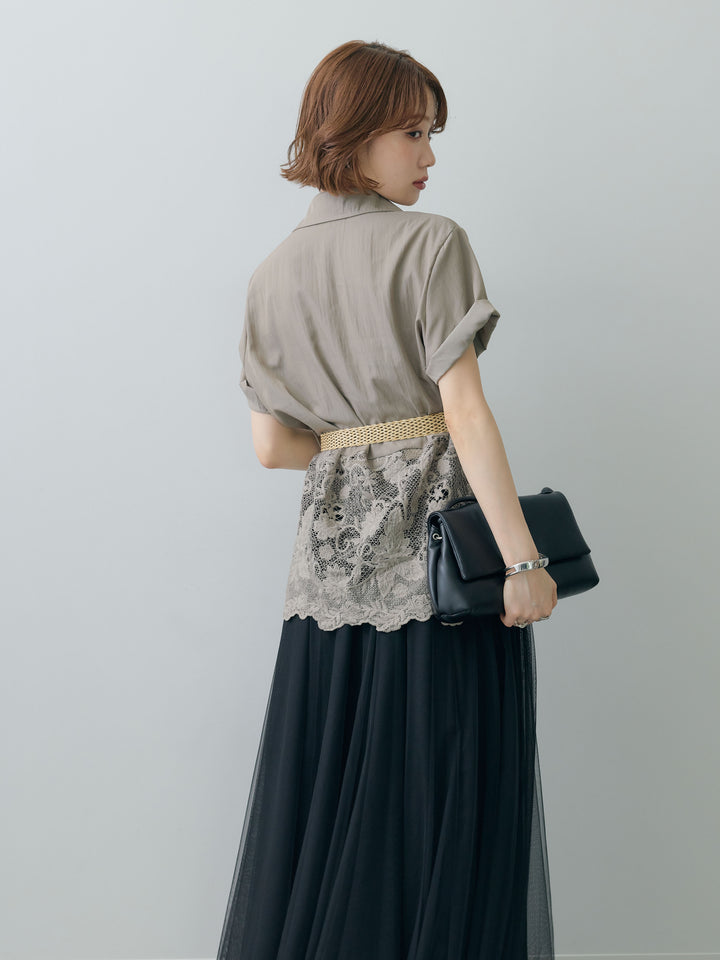 [予約]ベルト付レースドッキング半袖シャツブラウス/gray