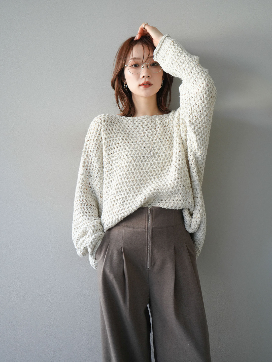 [予約]ネップ透かし編みオーバーニット/ivory