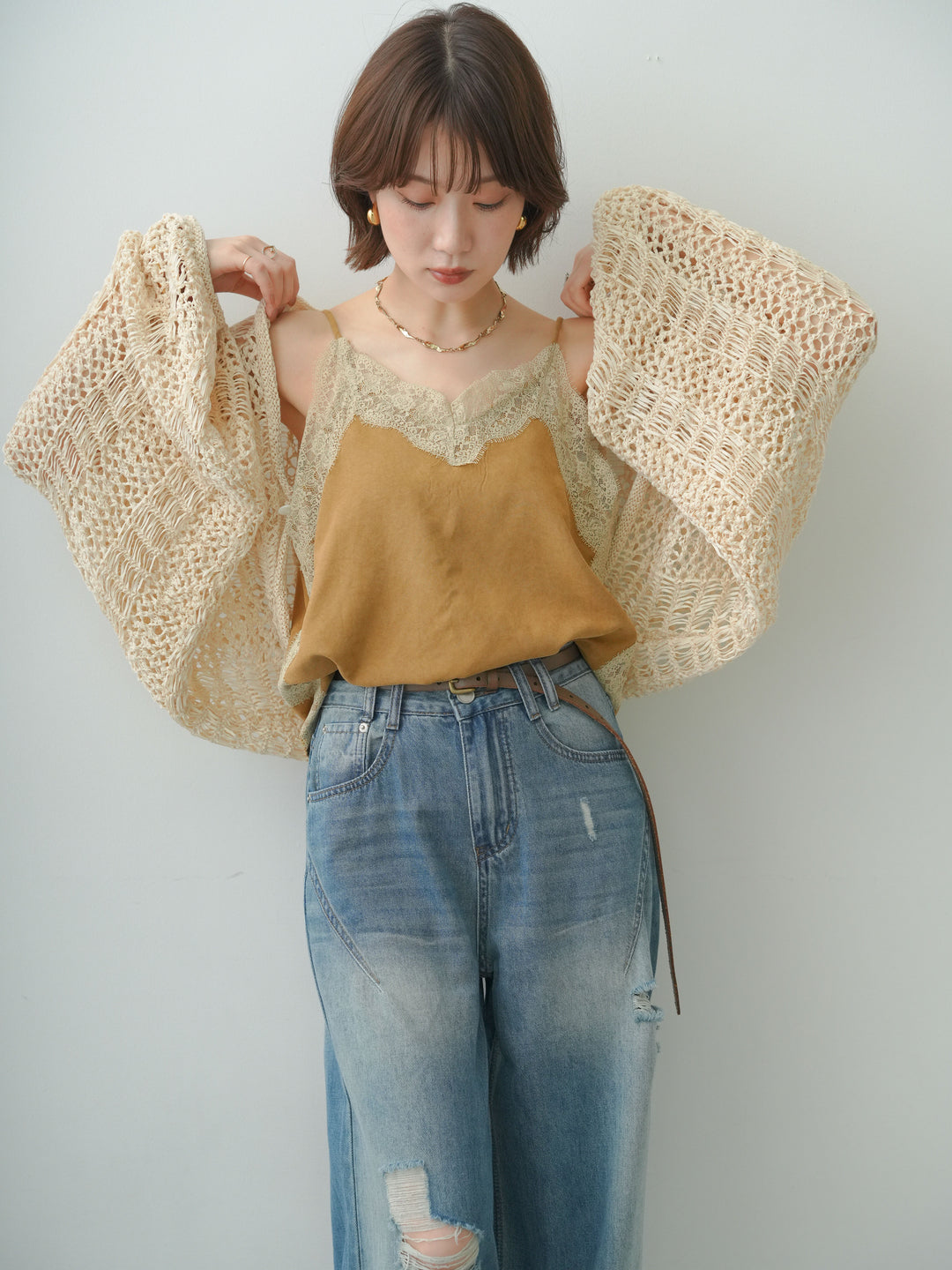 [予約]ミックスメッシュニットボレロ/beige