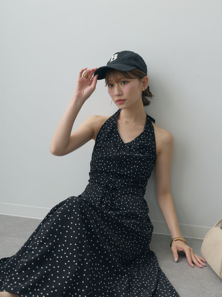 [SET]ホルターネックドット柄シャーリングデザインワンピース+ホルターネックドット柄シャーリングデザインワンピース(2set)
