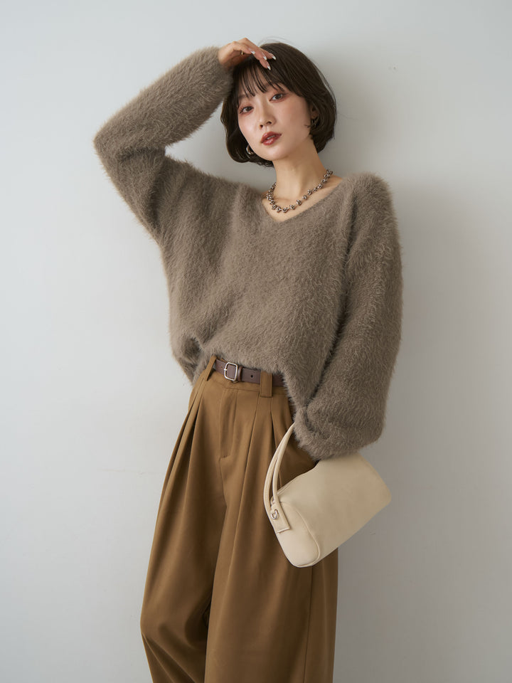 [SET]シャギーVネックニットトップス+ダブルタックドレープストレートワイドパンツ(2set)