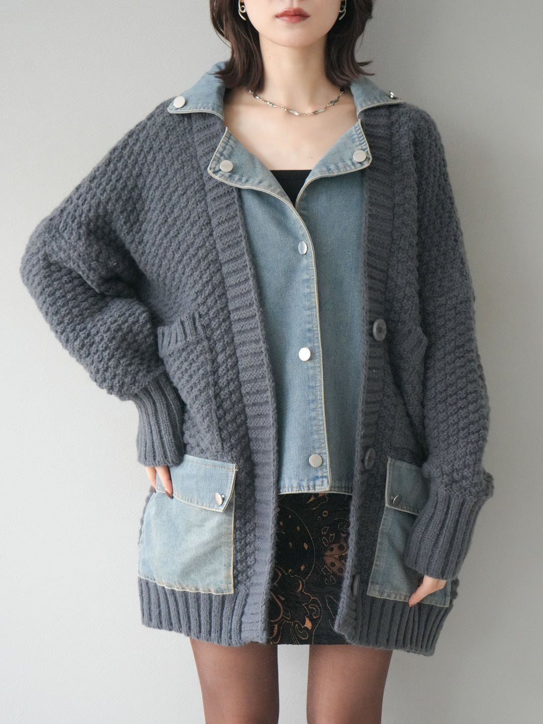 [SET]デニム襟レイヤードニットジャケット+デニム襟レイヤードニットジャケット(2set)