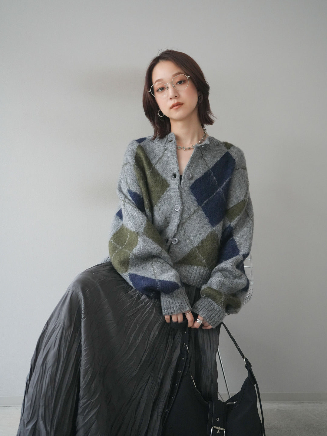 [予約]モヘアタッチアーガイルニットカーディガン/ gray