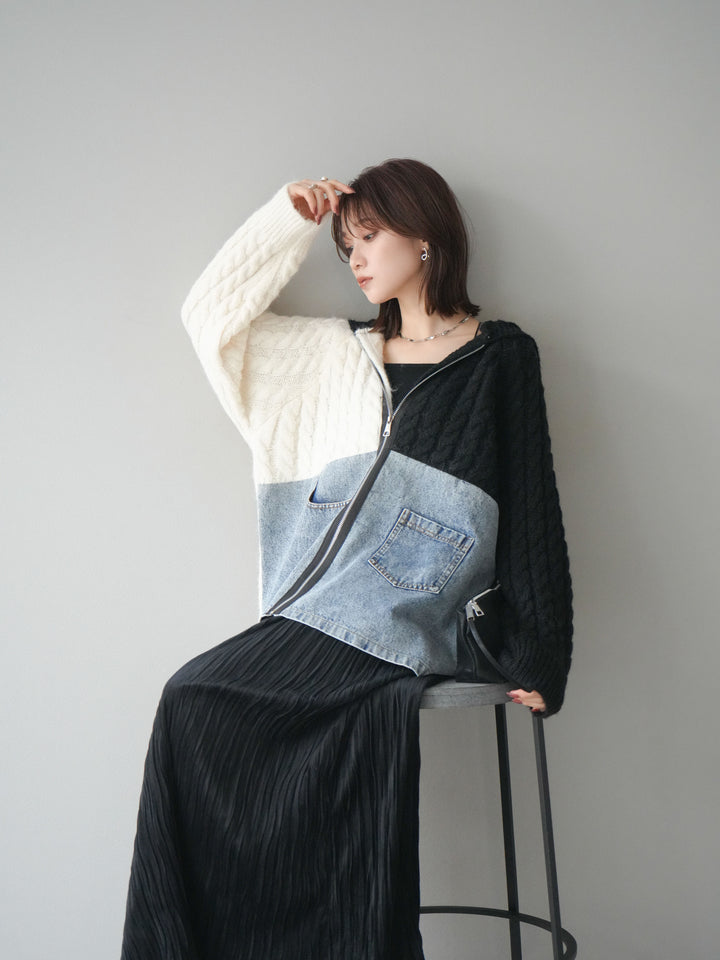 [予約]デニム×バイカラーニットZIPフーディ/black