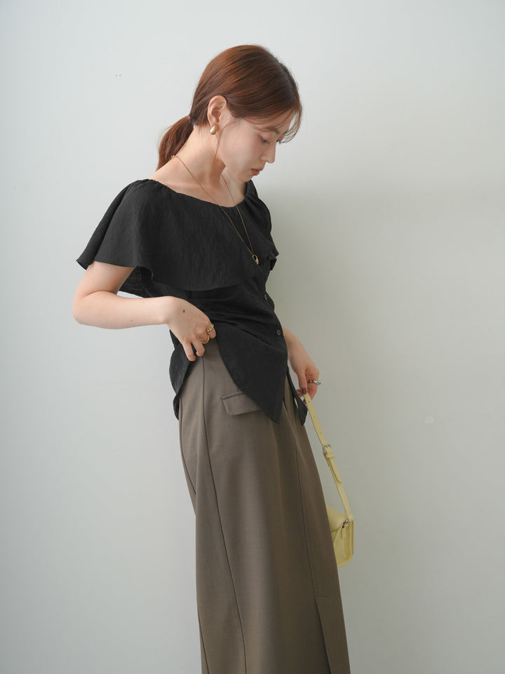 [SET]ラッフルオフショルブラウス+クレープデシンフラップ付きストレートスカート(2set)
