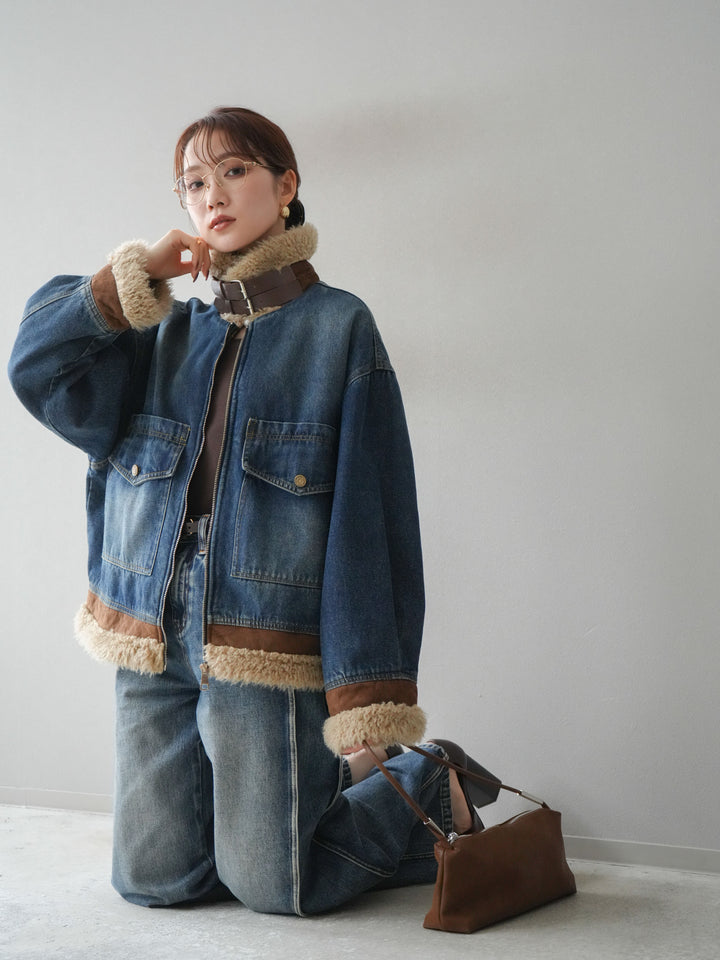[予約]スタンドカラーファー×デニムジャケット/blue