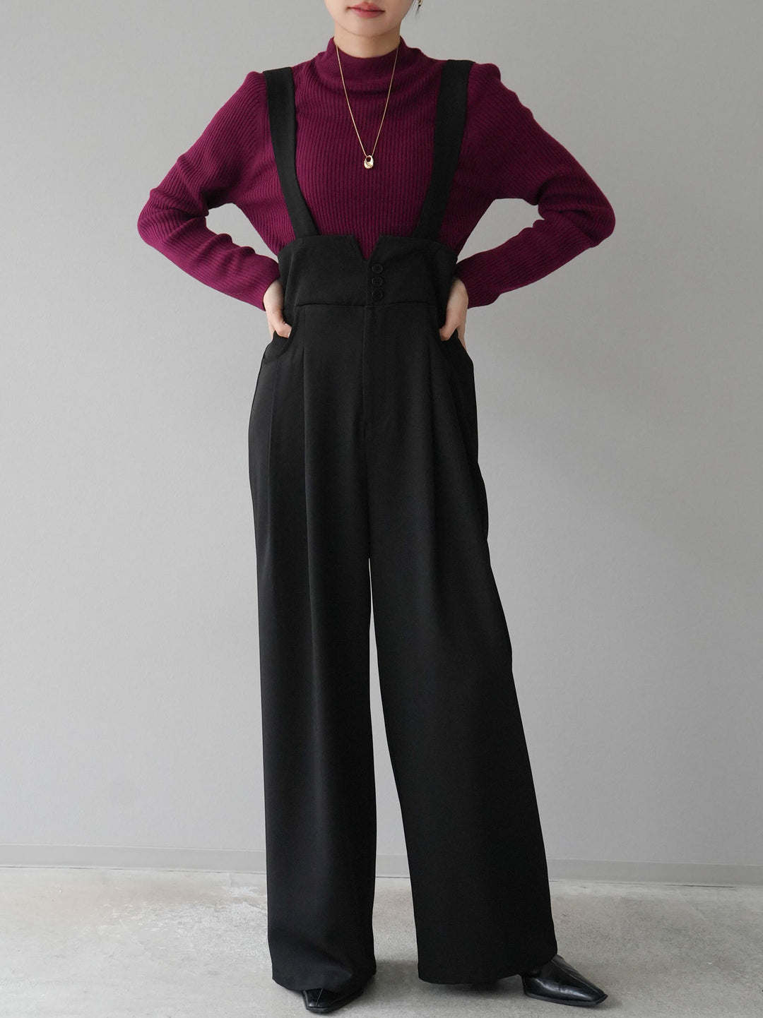 [預訂] 瓶頸式羅紋針織上衣/酒紅色