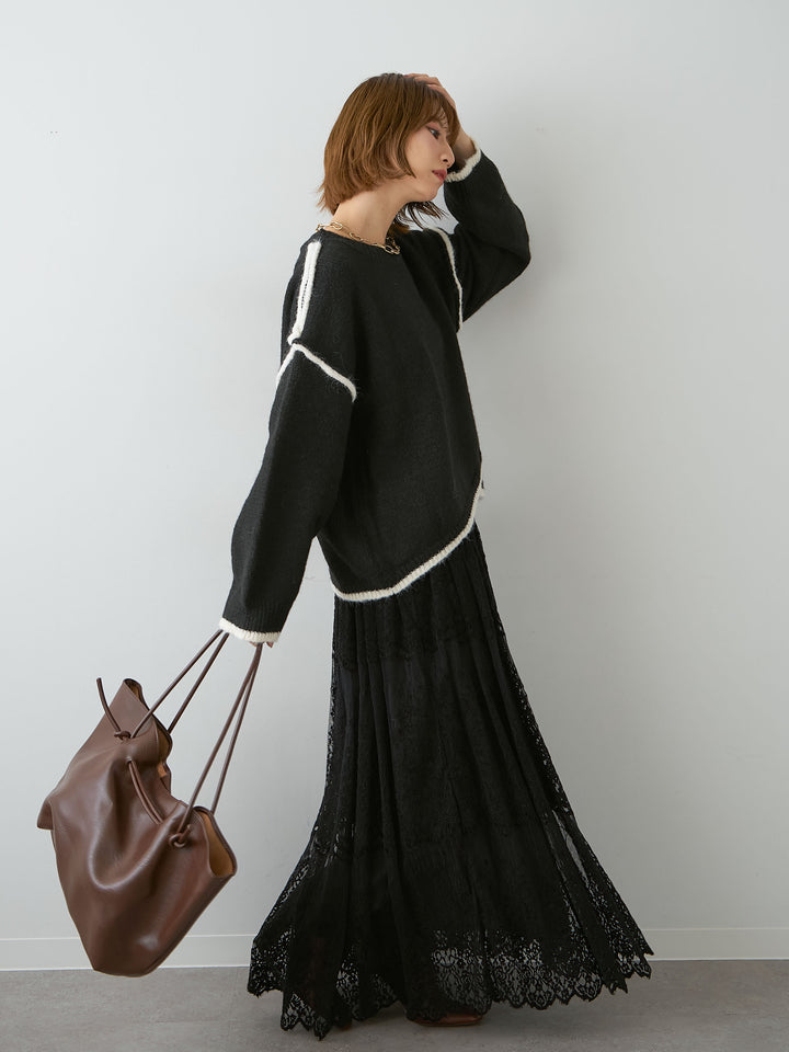 [SET]配色ラインデザインヘムニットプルオーバー+ベロアレースドレープフレアスカート(2set)