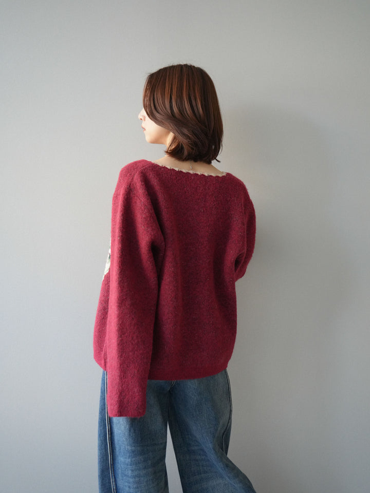 [予約]アンティークフラワージャガードニットカーディガン/red