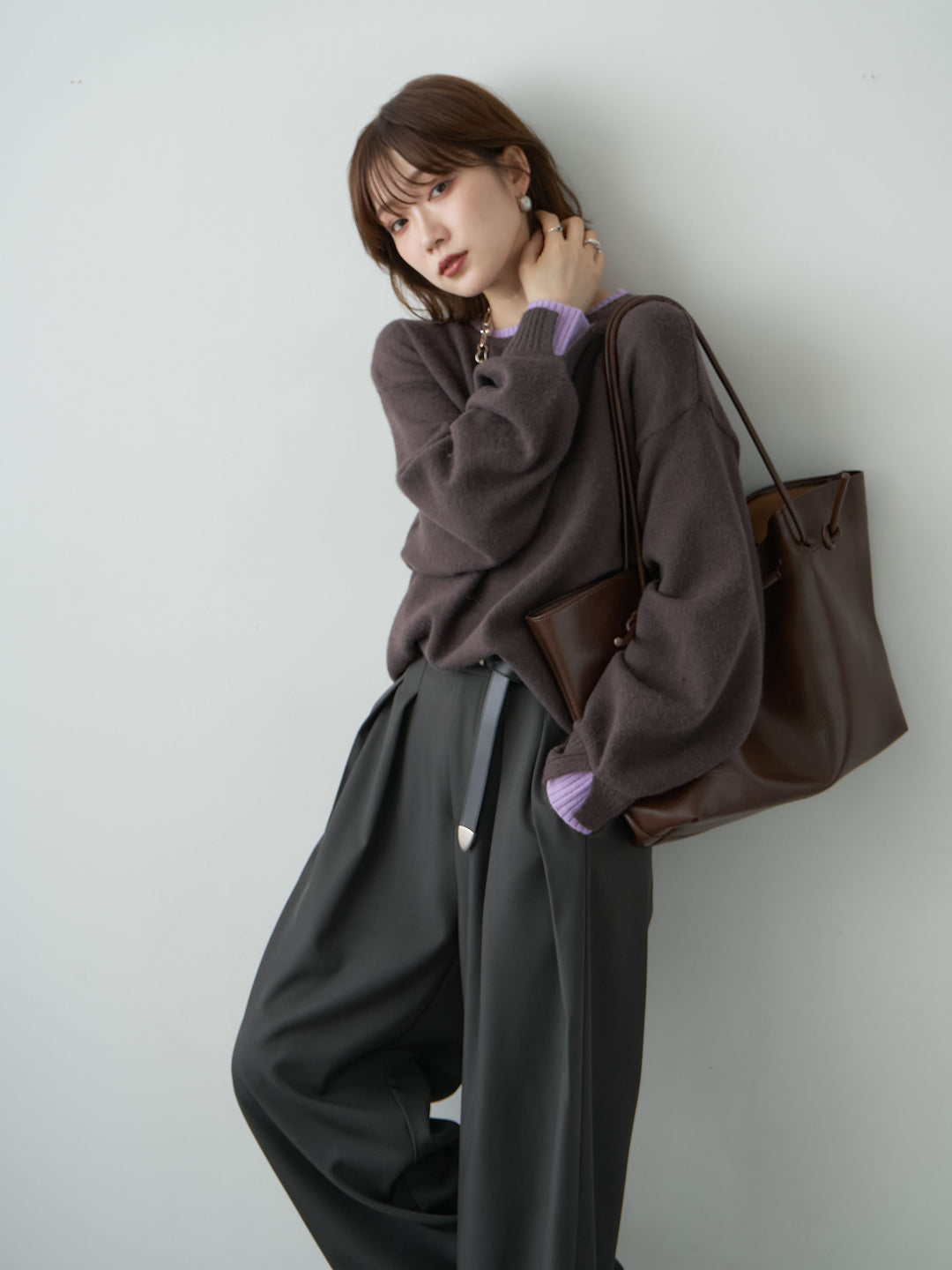 [予約]バイカラーカフスレイヤードニットプルオーバー/brown