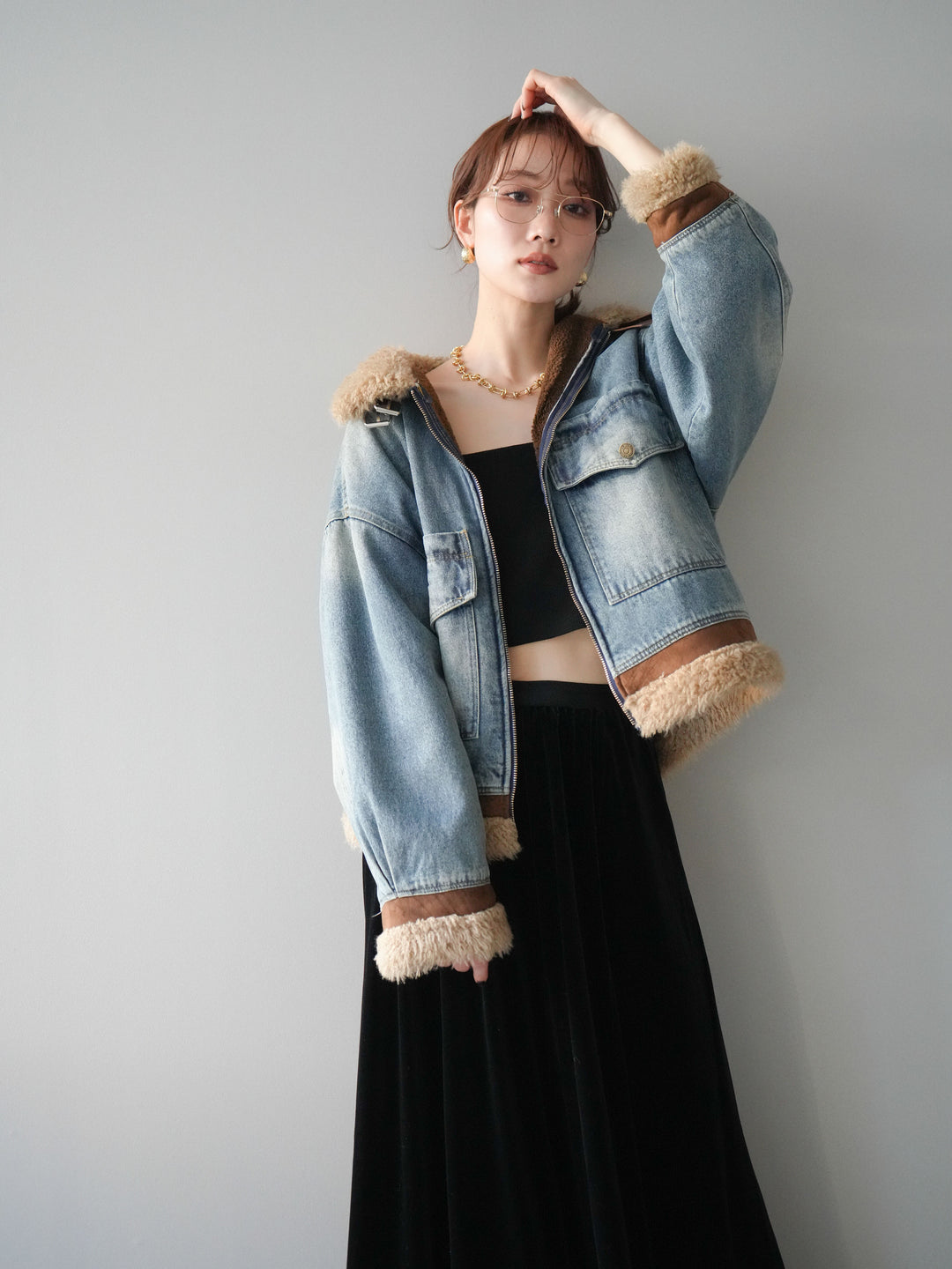 [予約]スタンドカラーファー×デニムジャケット/lightblue