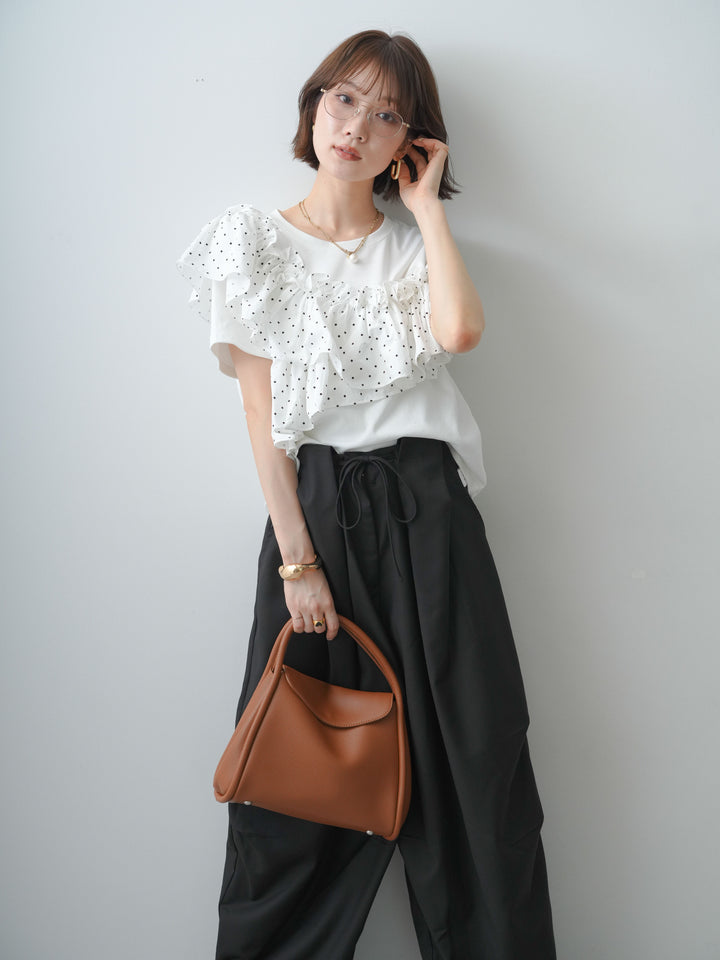 [SET]ドットギャザーフリルデザインTEE+ベルトループカーブタックワイドパンツ(2set)