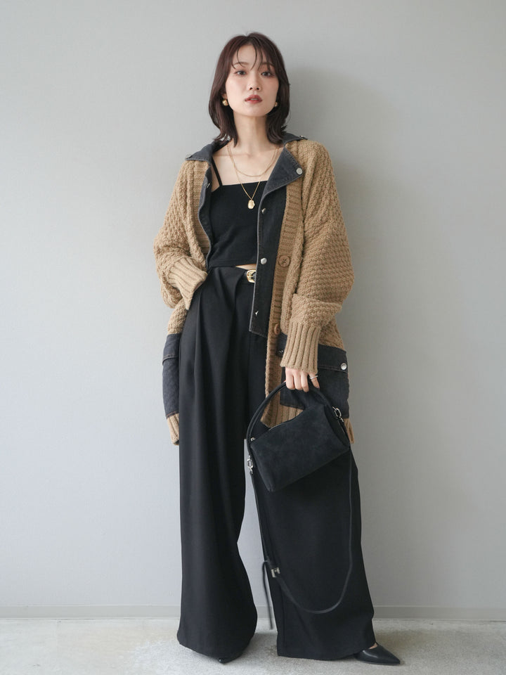 [SET]デニム襟レイヤードニットジャケット+ベルトループデザインワイドパンツ(2set)