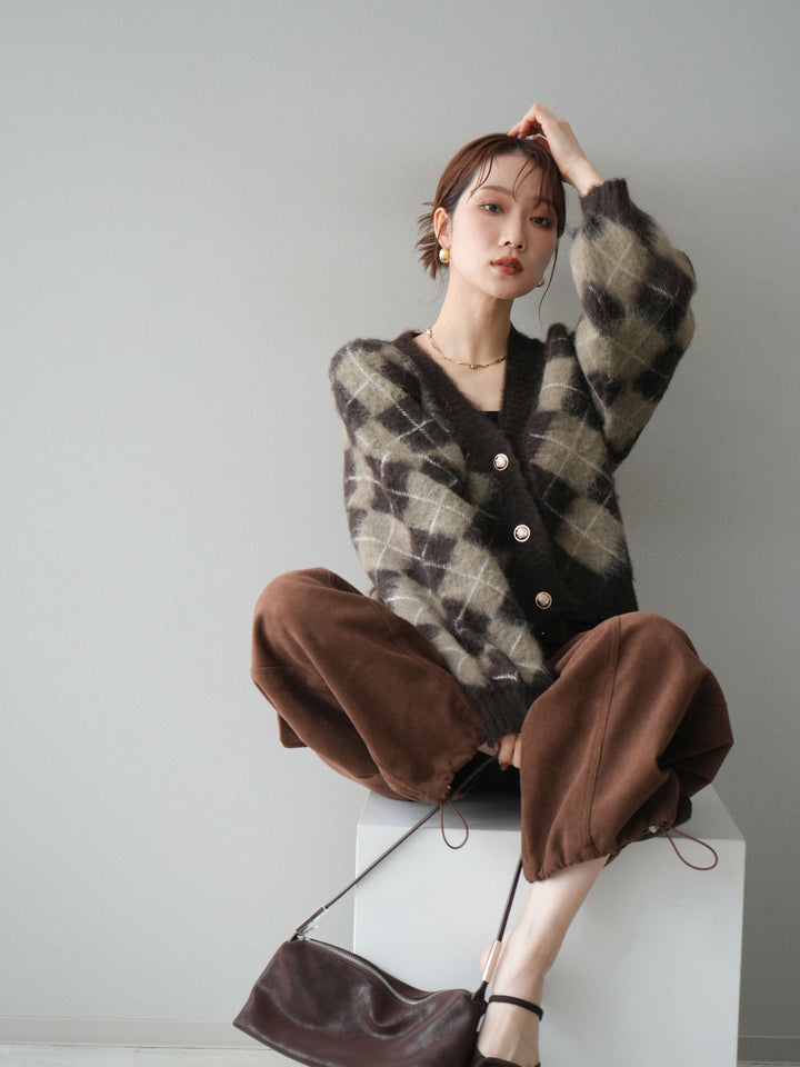 [予約]アーガイルシャギーニットカーディガン/brown