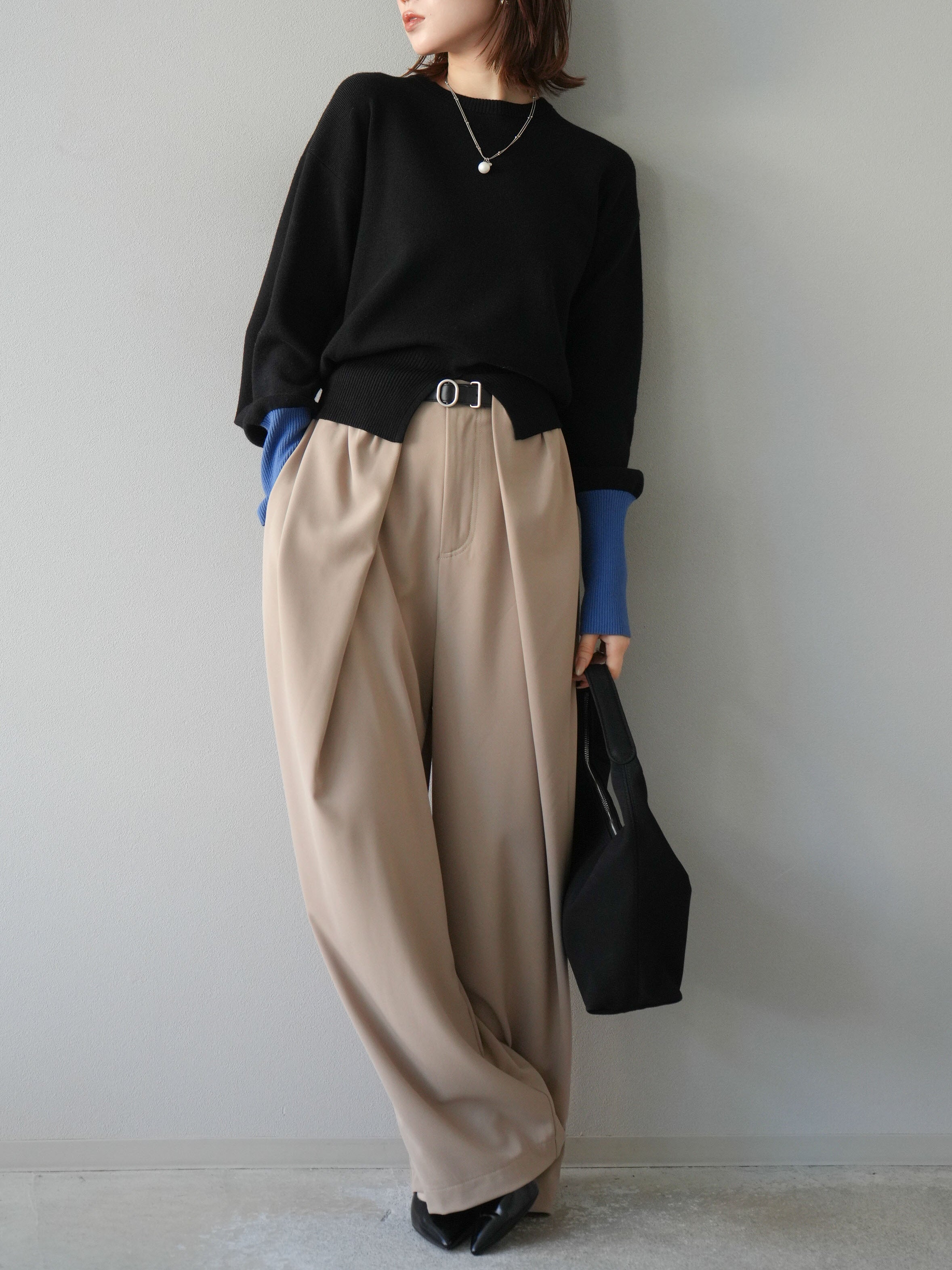 予約]ベルト付タックワイドパンツ/ベージュ – Lumier
