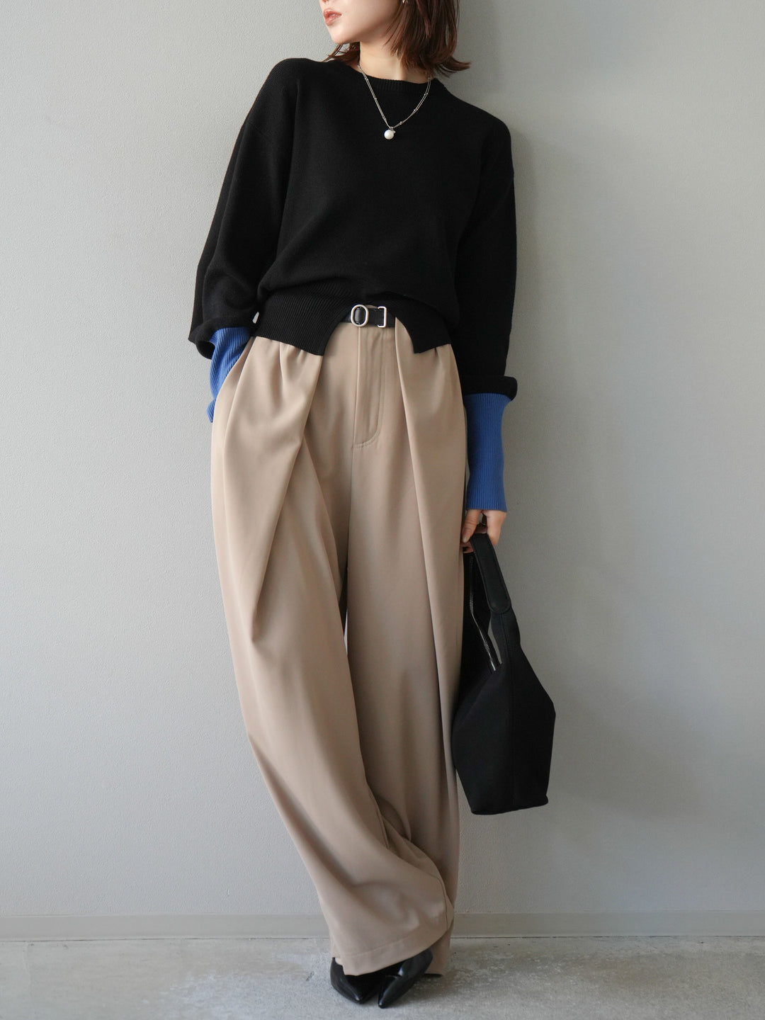[予約]ベルト付タックワイドパンツ/ベージュ