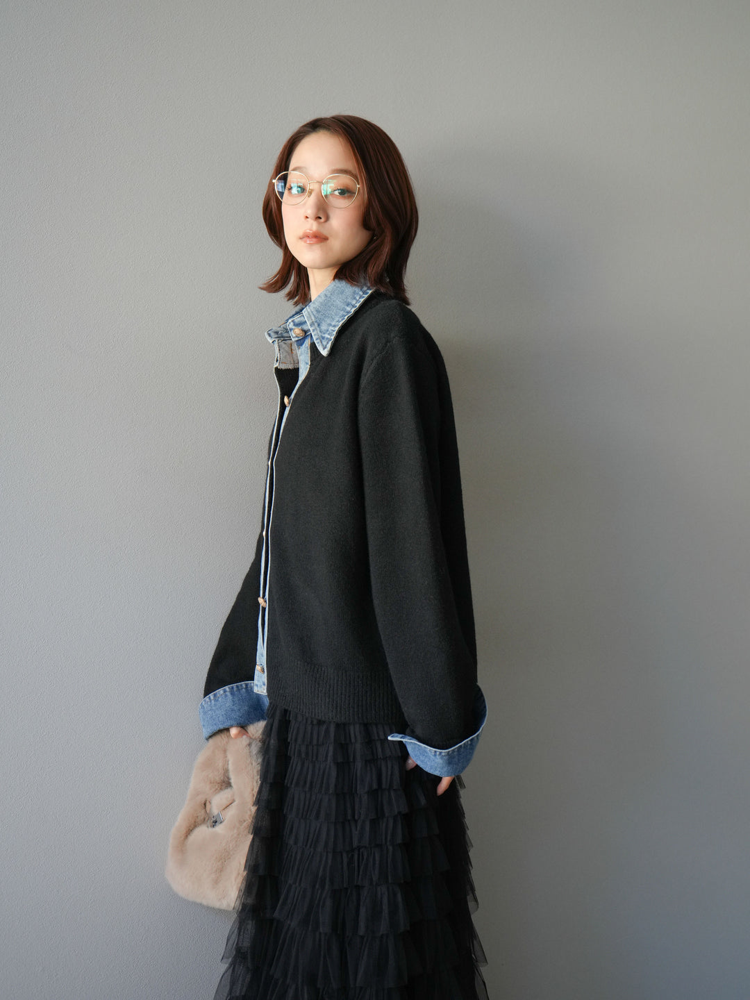 [予約]デニム襟ボタンニットカーディガン/black