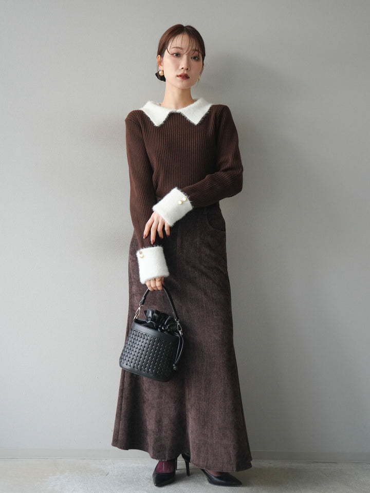 [SET]シャギー襟リブニットトップス+ベルベットマーメイドスカート(2set)