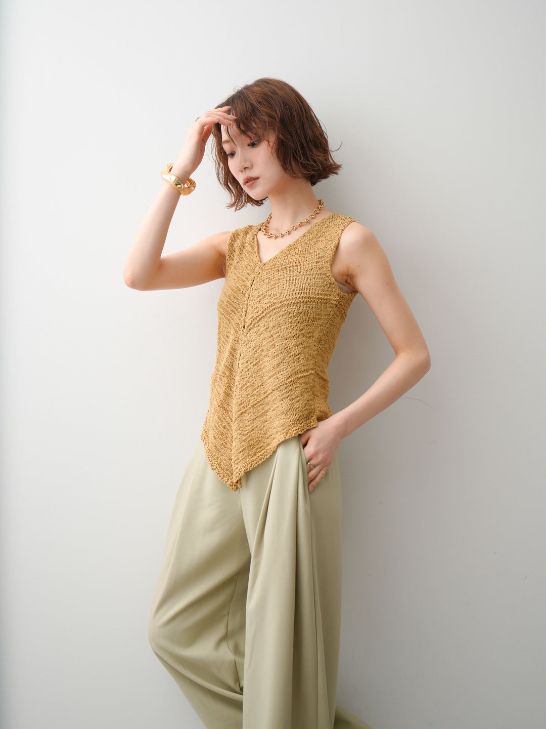 [予約]テープヤーンVネックニットトップス/khaki
