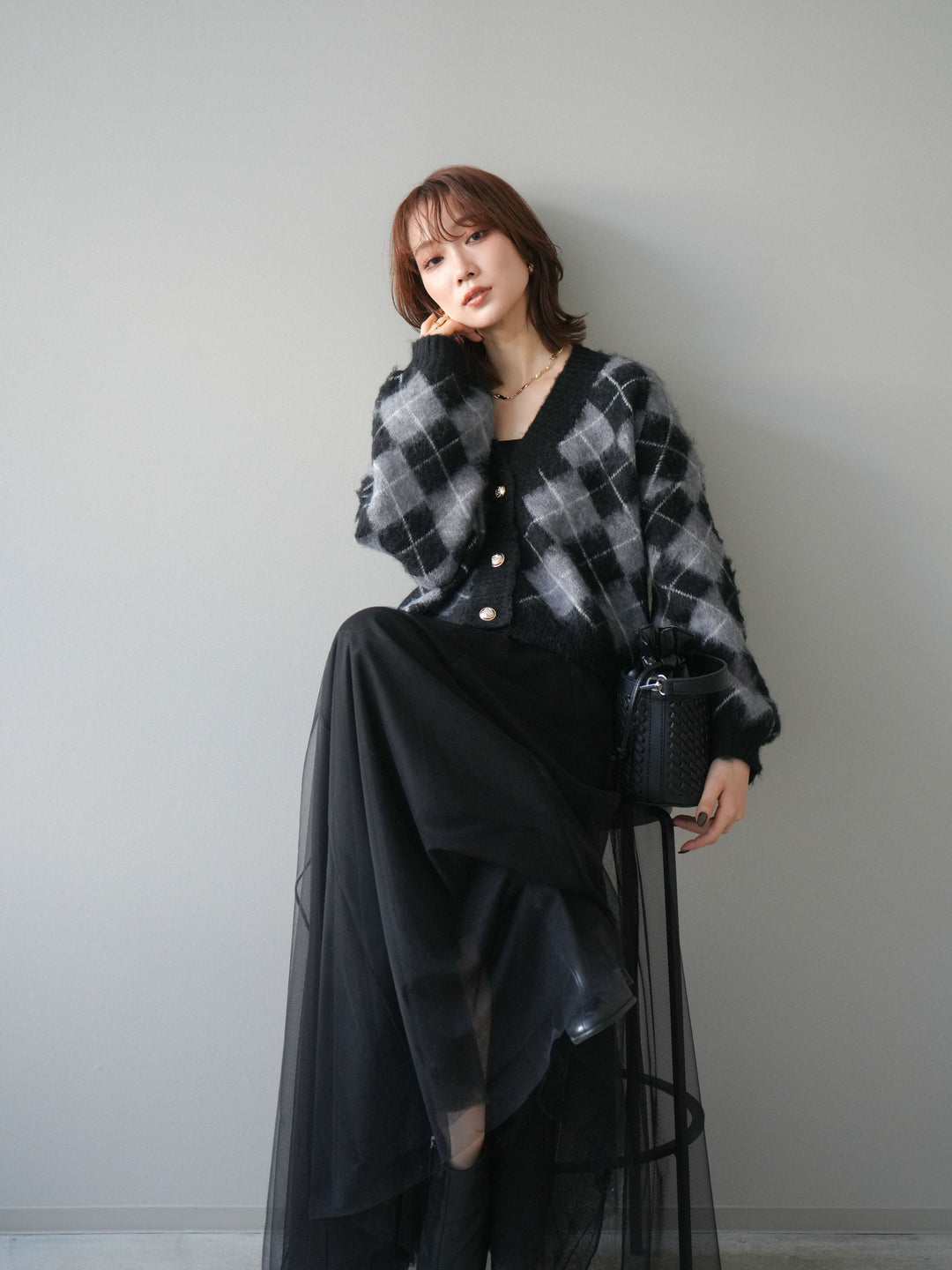 [予約]アーガイルシャギーニットカーディガン/gray