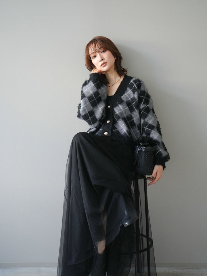 [予約]アーガイルシャギーニットカーディガン/gray