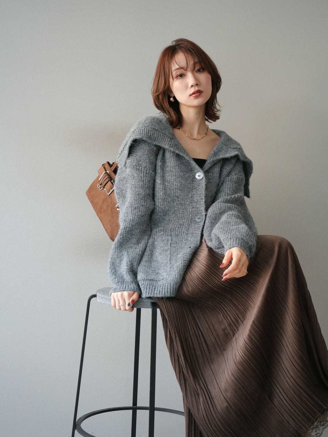 [予約]襟付きボタンオーバーニットカーディガン/gray