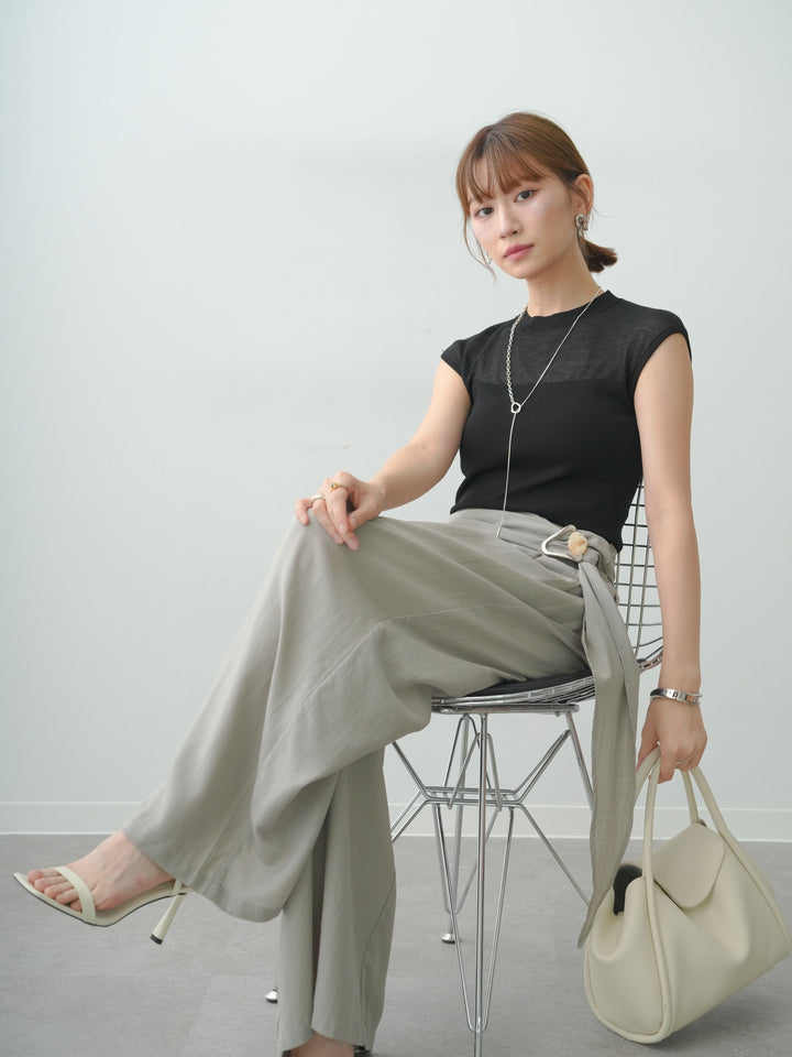 [SET]シアー切替ニットトップス+ベルトデザインタックドレープワイドパンツ(2set)