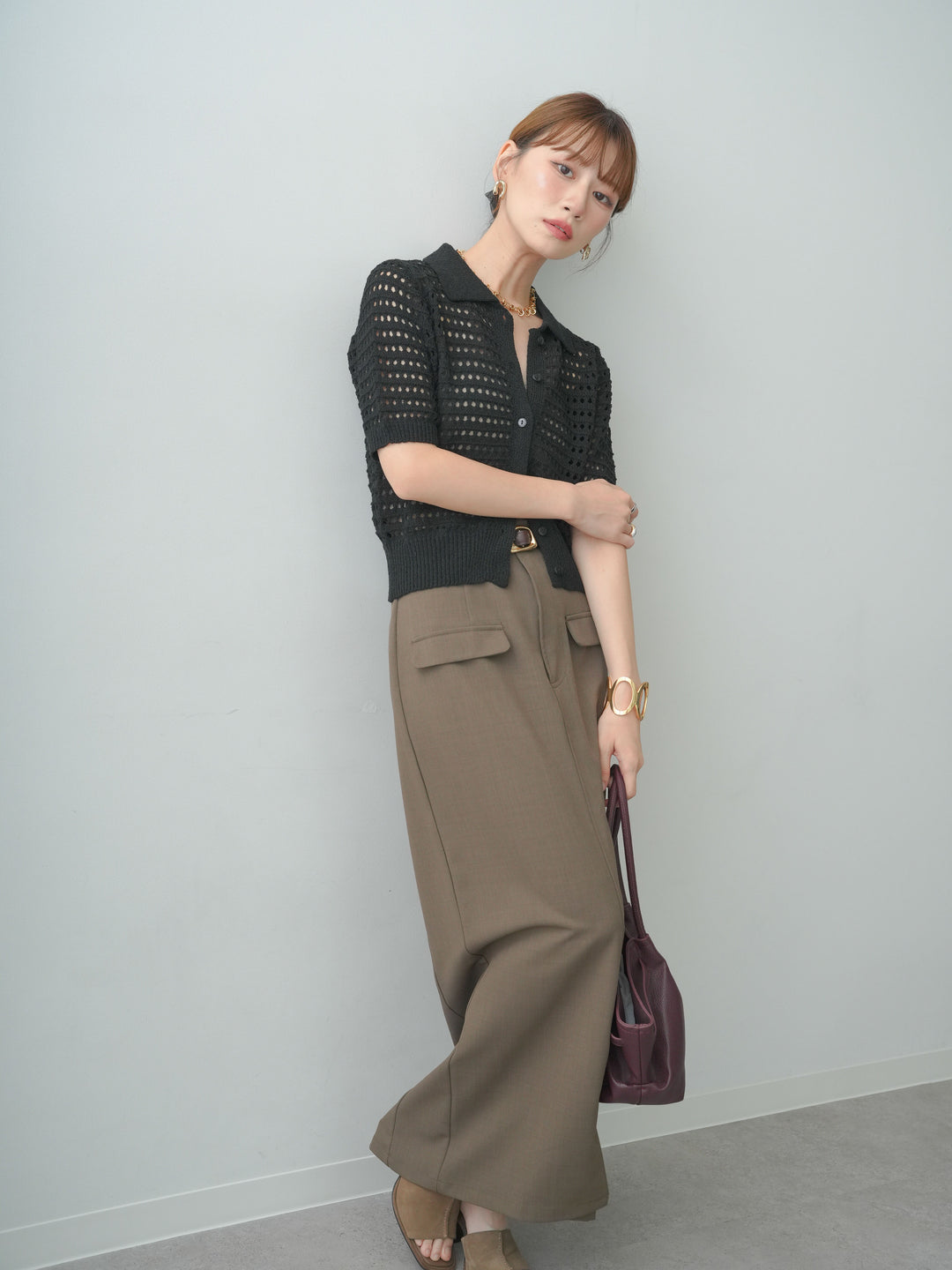 [SET]格子編み襟付きハーフニットカーディガン+クレープデシンフラップ付きストレートスカート(2set)
