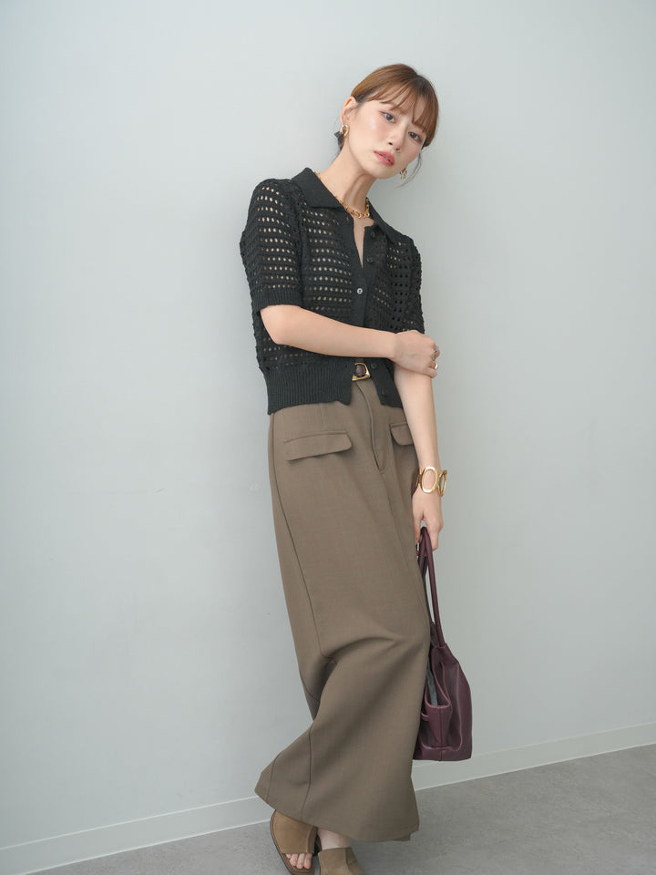 [SET]格子編み襟付きハーフニットカーディガン+クレープデシンフラップ付きストレートスカート(2set)