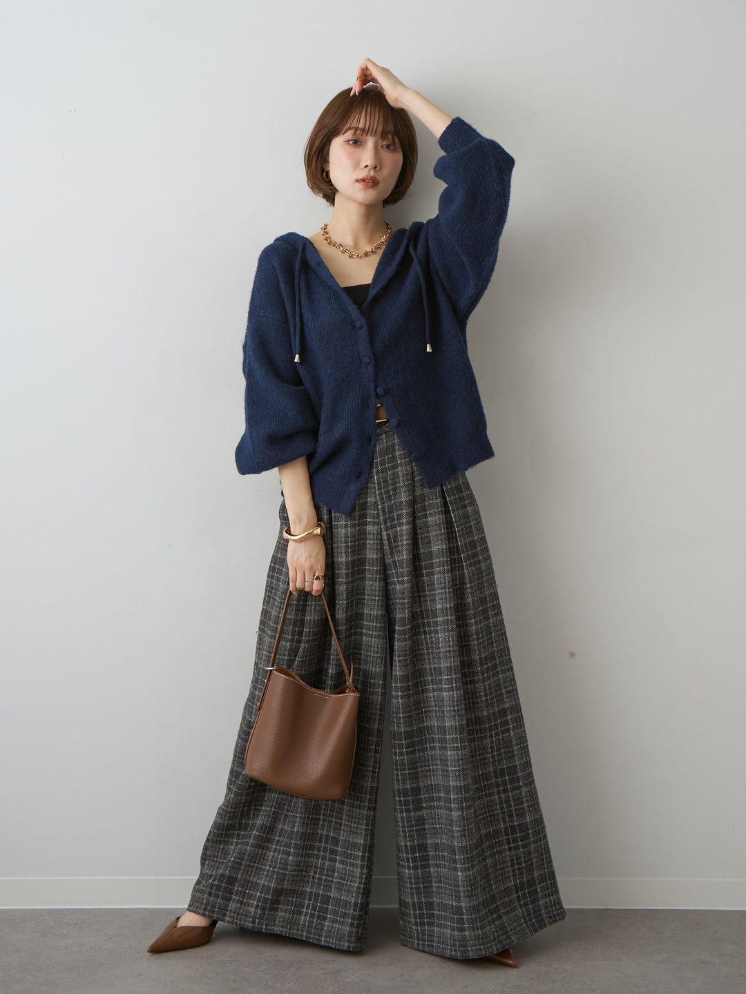 [SET]アルパカタッチソフトリブフードニットトップス+チェックダブルタックワイドパンツ(2set)
