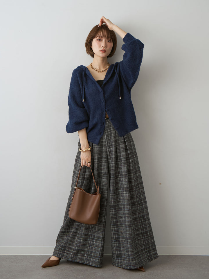 [SET]アルパカタッチソフトリブフードニットトップス+チェックダブルタックワイドパンツ(2set)
