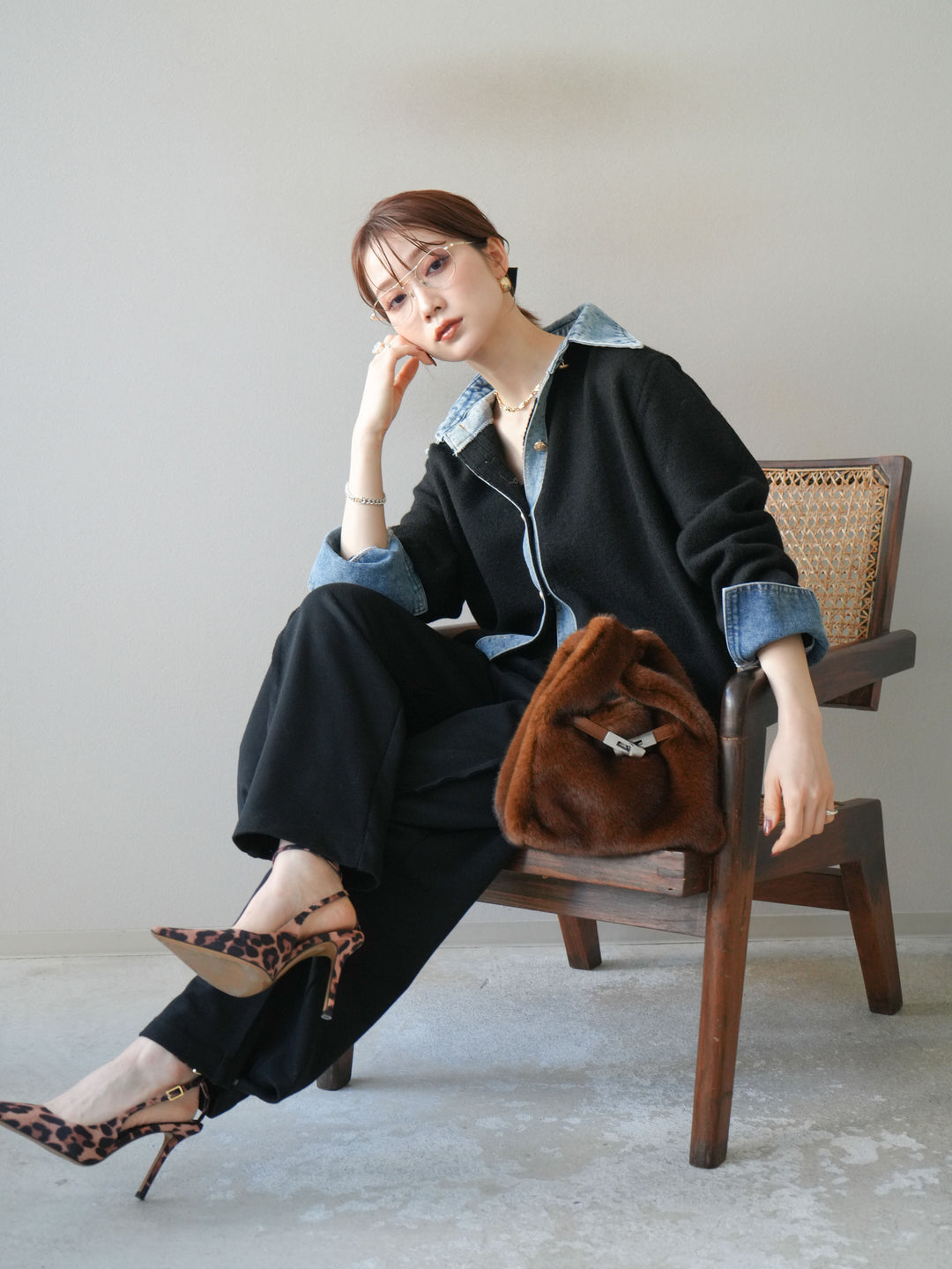 [予約]デニム襟ボタンニットカーディガン/black