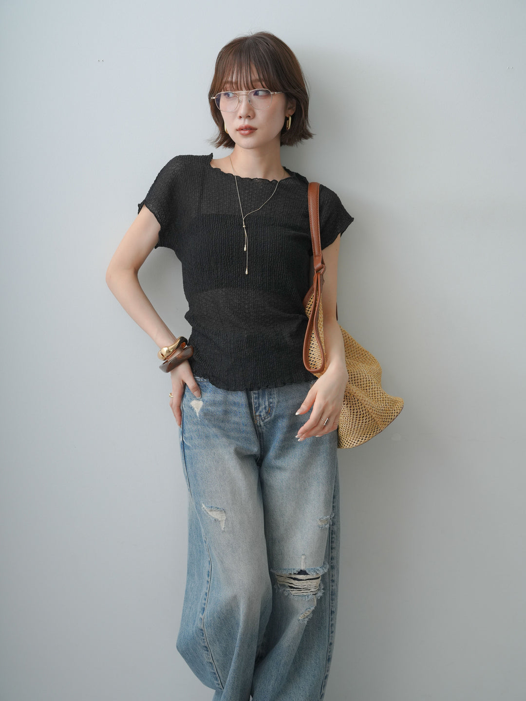 [SET]シャーリングシアーバックオープンフレンチトップス+ダメージデニムセミワイドパンツ(2set)
