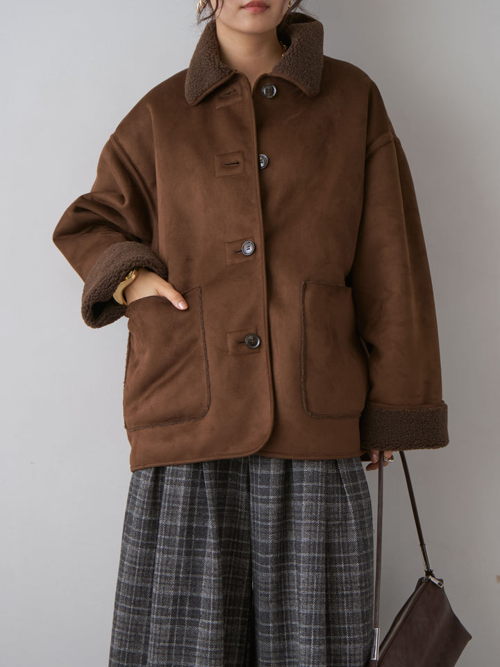 【套裝】麂皮絨 x 羊毛絨雙面外套 + 內置胸罩羅紋抹胸吊帶背心 + 格紋雙褶闊腿褲（三件套）
