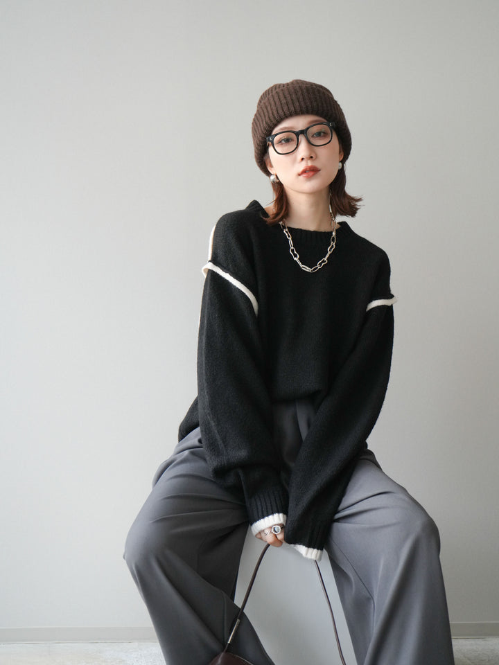 [予約]バイカラーパイピングニットプルオーバー/black