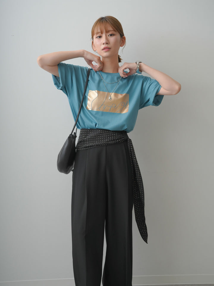 [SET]箔プリントボックスTEE+ビジューベルトタックワイドパンツ(2set)