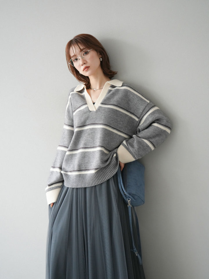 [SET]ポロ襟スキッパーボーダーニットプルオーバー+チュールボリュームスカート(2set)