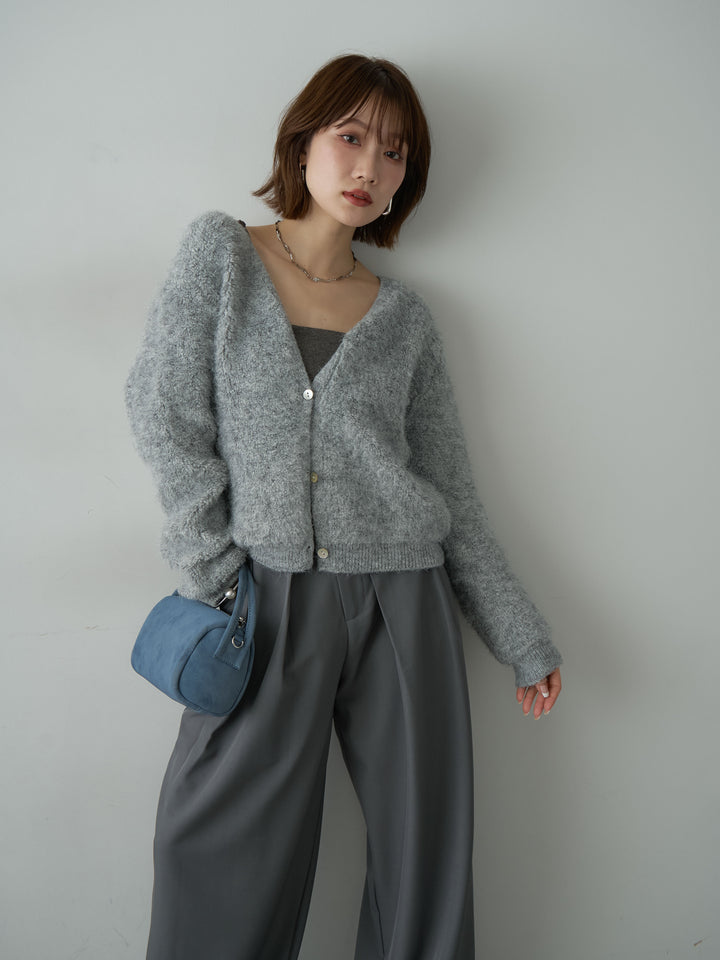 [SET]ブークレクロップニットカーディガン+ベルトループデザインワイドパンツ(2set)