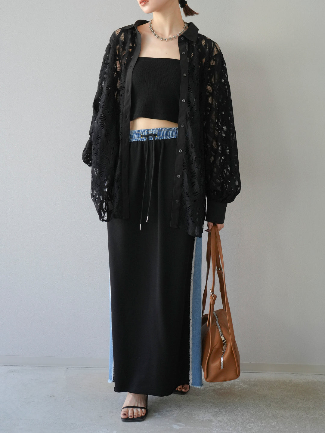 [SET]コードレースオーバーシャツ+デニムドッキングスウェットスカート(2set)