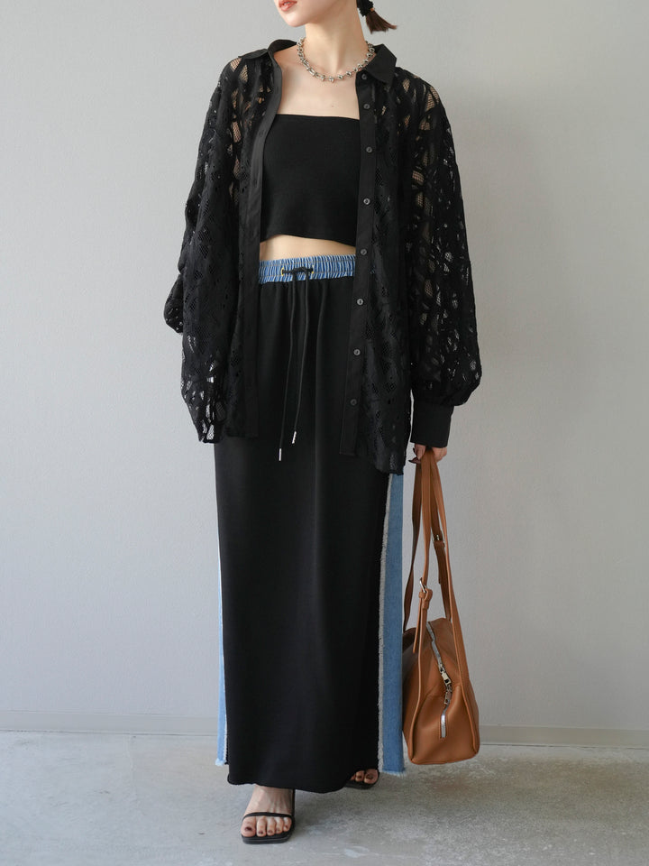 [SET]コードレースオーバーシャツ+デニムドッキングスウェットスカート(2set)