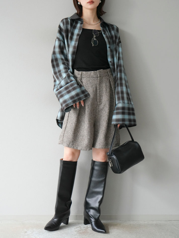 【着回しセット】[SET]レザー襟オンブレチェックオーバーシャツ +クラッシュベロアナロースカート+ツイードハーフパンツ(3set)