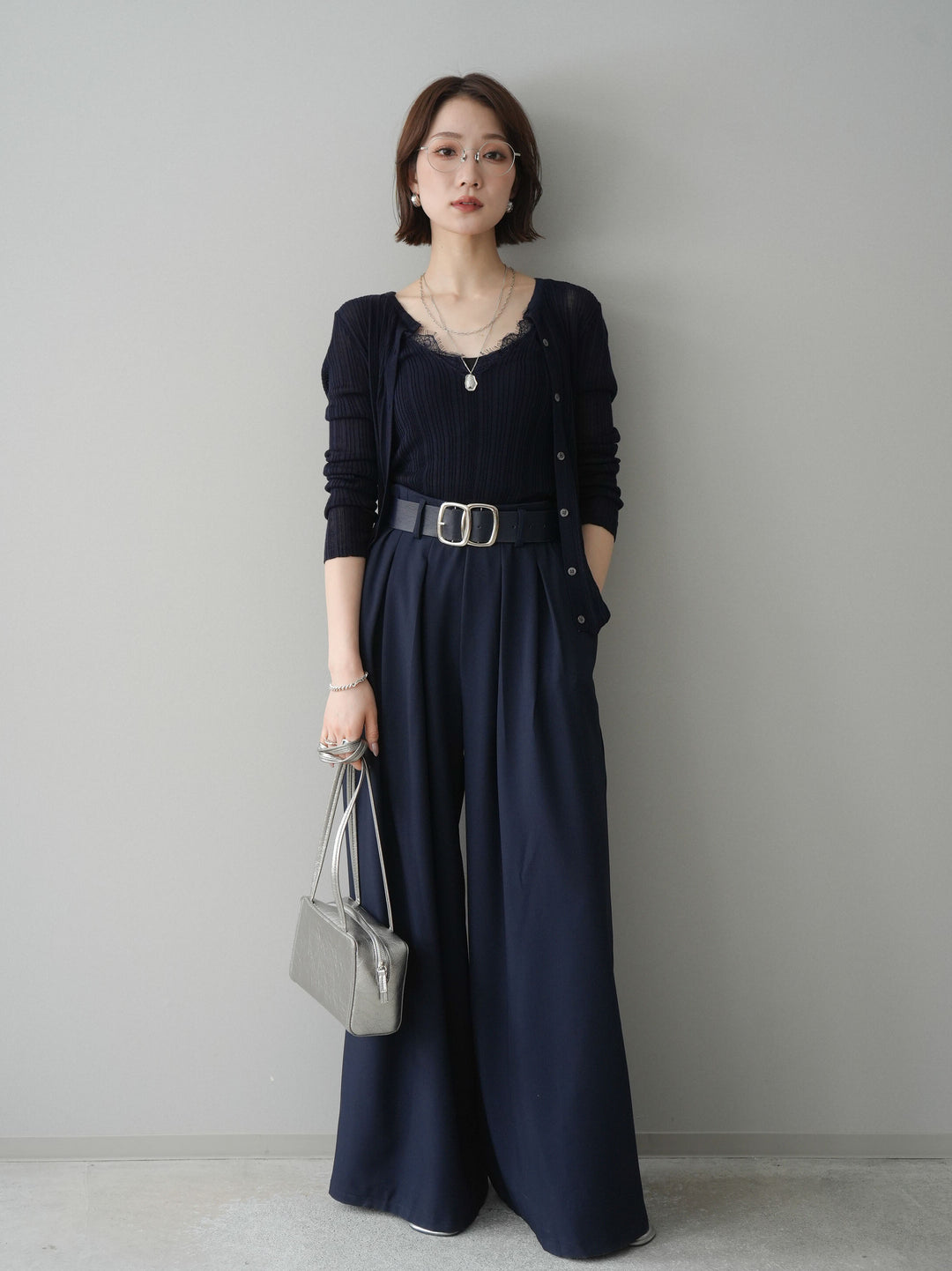 [予約]インナーレースキャミソール＆カーディガンアンサンブル/navy