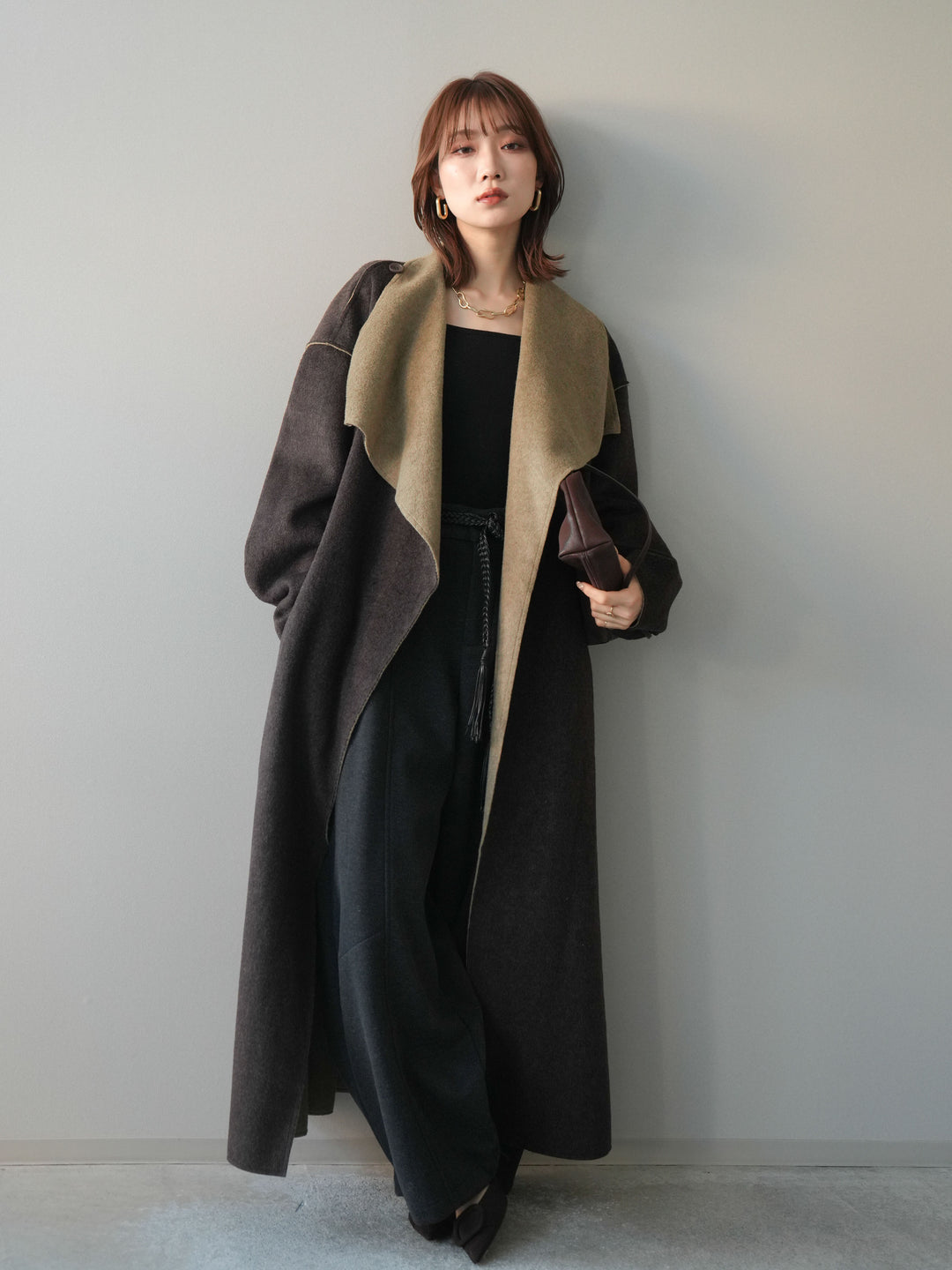 [予約]ダブルフェイスバイカラーロングコート/khaki